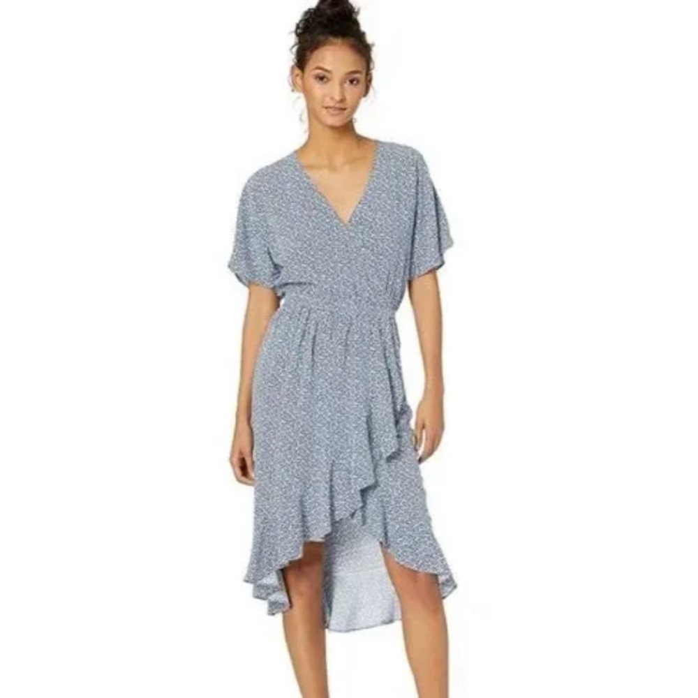 J.Crew Mercantile Blue White Red Short Sleeve Floral Ruffle Faux Wrap Midi Dress